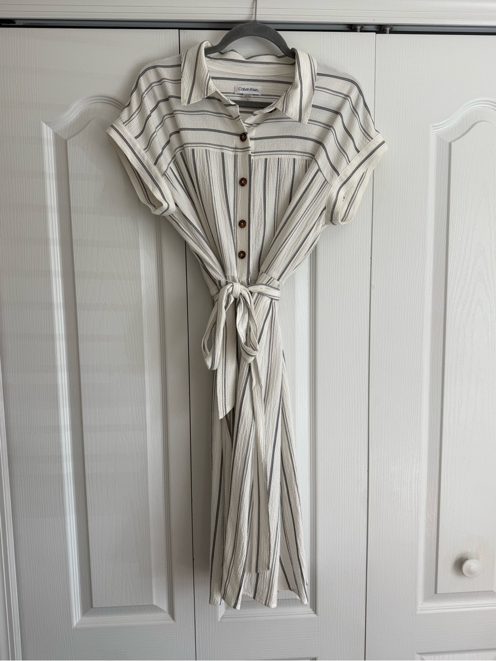 Calvin Klein Cream and Gray Striped Tie-Front Maxi Shirt Dress